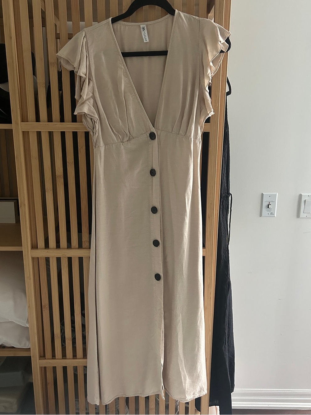 Zara Cream V-Neck Button-Front Midi Dress